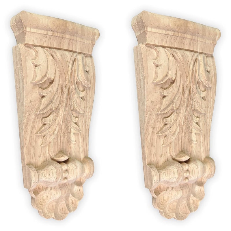 CRAPAPFERT 2PCS Unpainted Natural Solid Wood Carved Corner Onlay Applique 9.4x4.7 Inch Vintage Home Decor Decorative European Style Corners Corbels for Home Wall Furniture Decoration - Image 1